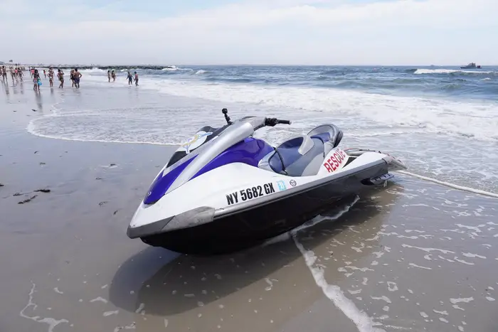 An unattended speedboat at the shores of Lido Beach in the Town of Hempstead.